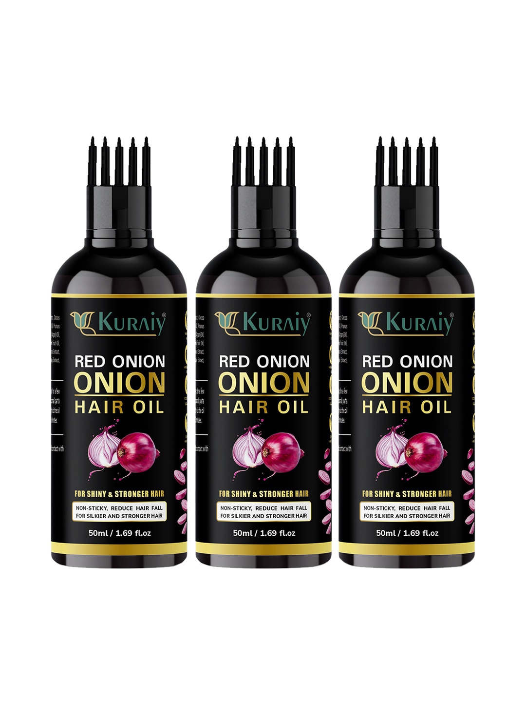 

KURAIY Set of 3 Red Onion Hair Oil for Shiny & Strong Hair - 50 ml Each, Black