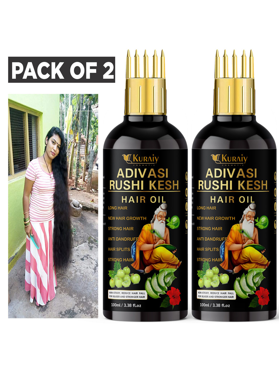 

KURAIY Set of 2 Adivasi Rushi Kesh Hair Oil for Long Hair - 100 ml Each, Black