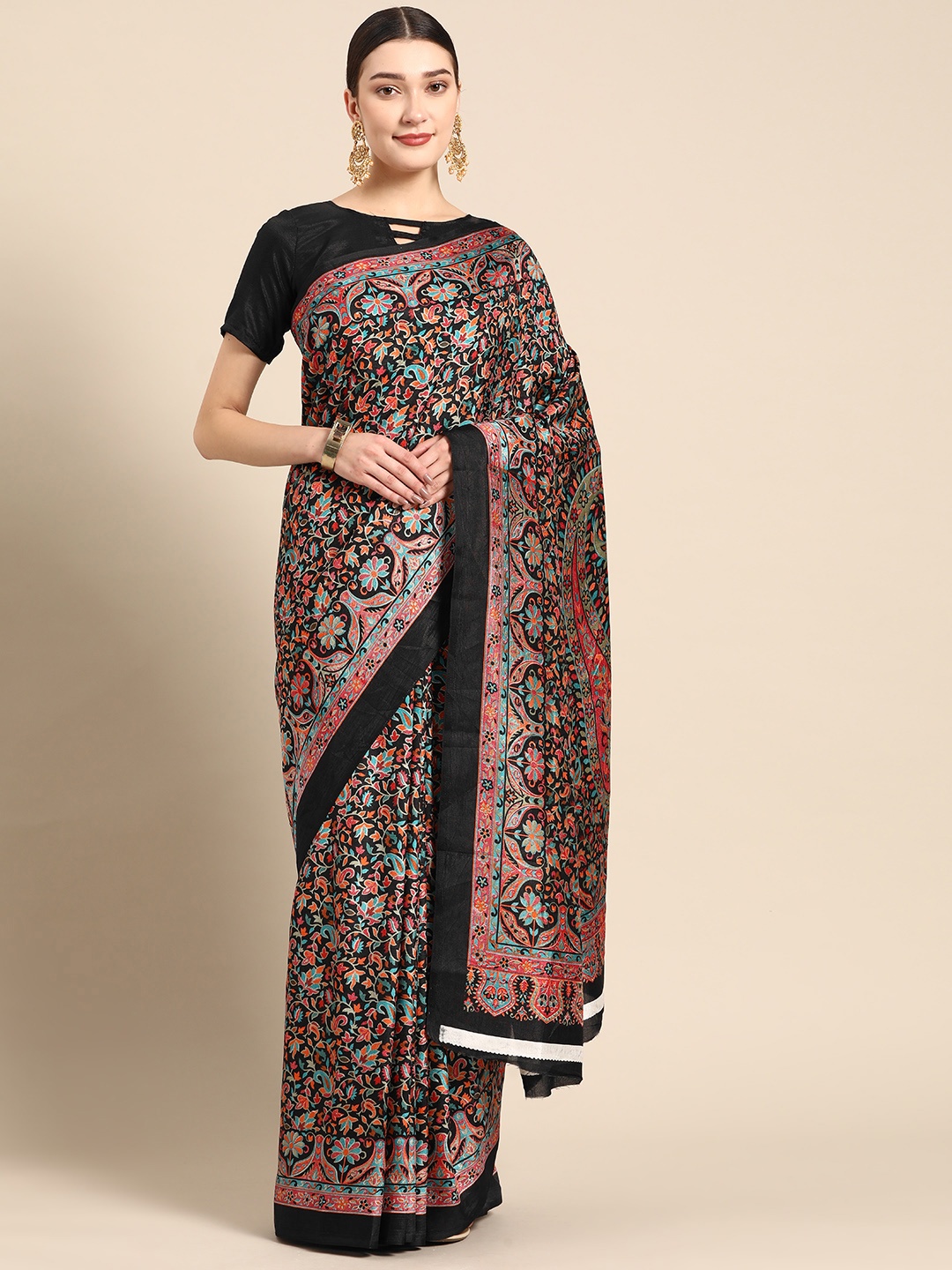 

AHIKA Black & Turquoise Blue Floral Art Silk Saree