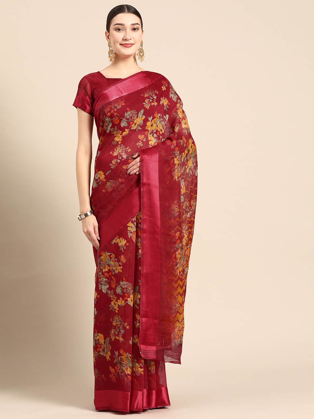 

AHIKA Fuchsia & Yellow Floral Art Silk Saree