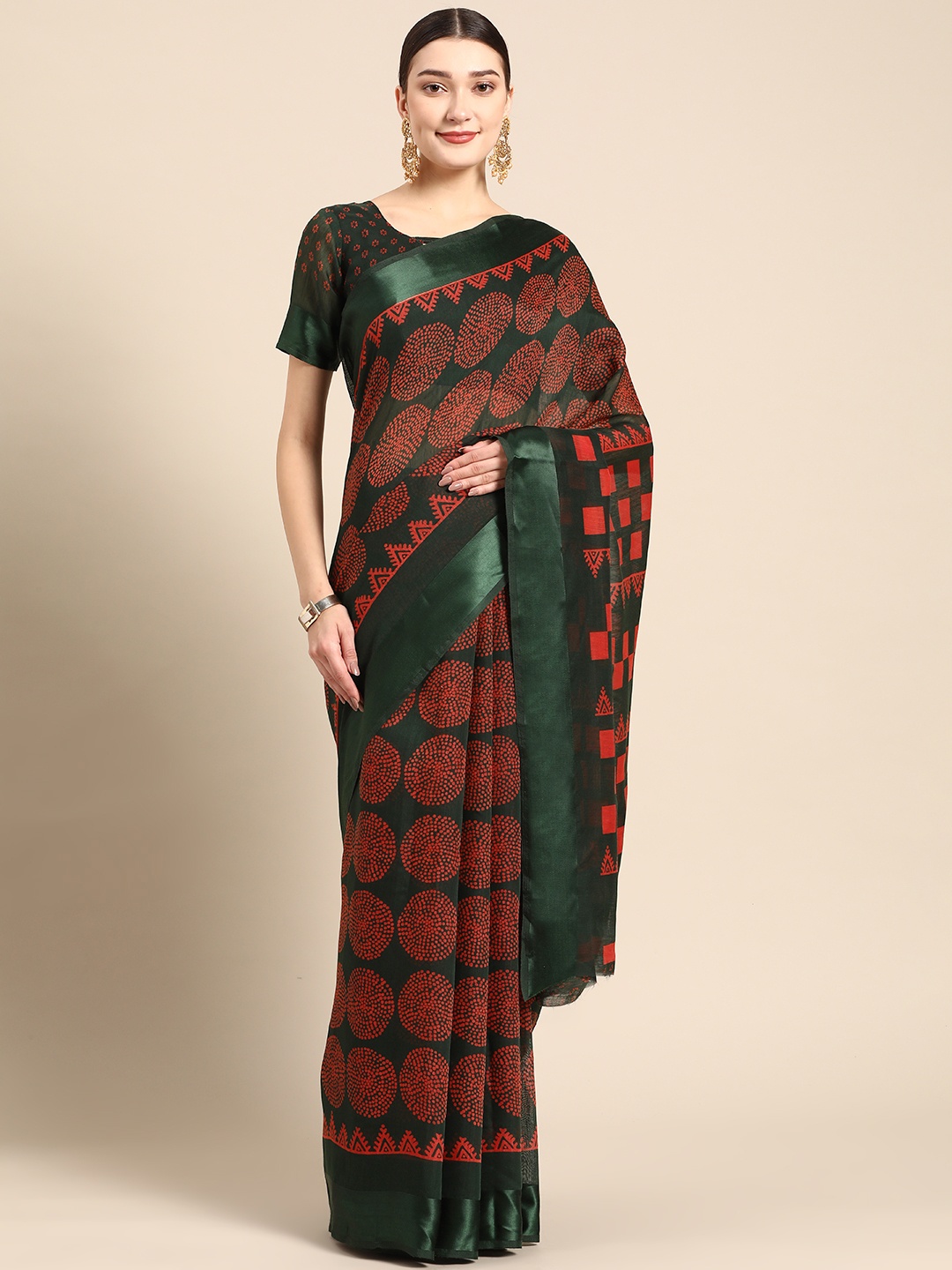 

AHIKA Green & Red Printed Art Silk Saree