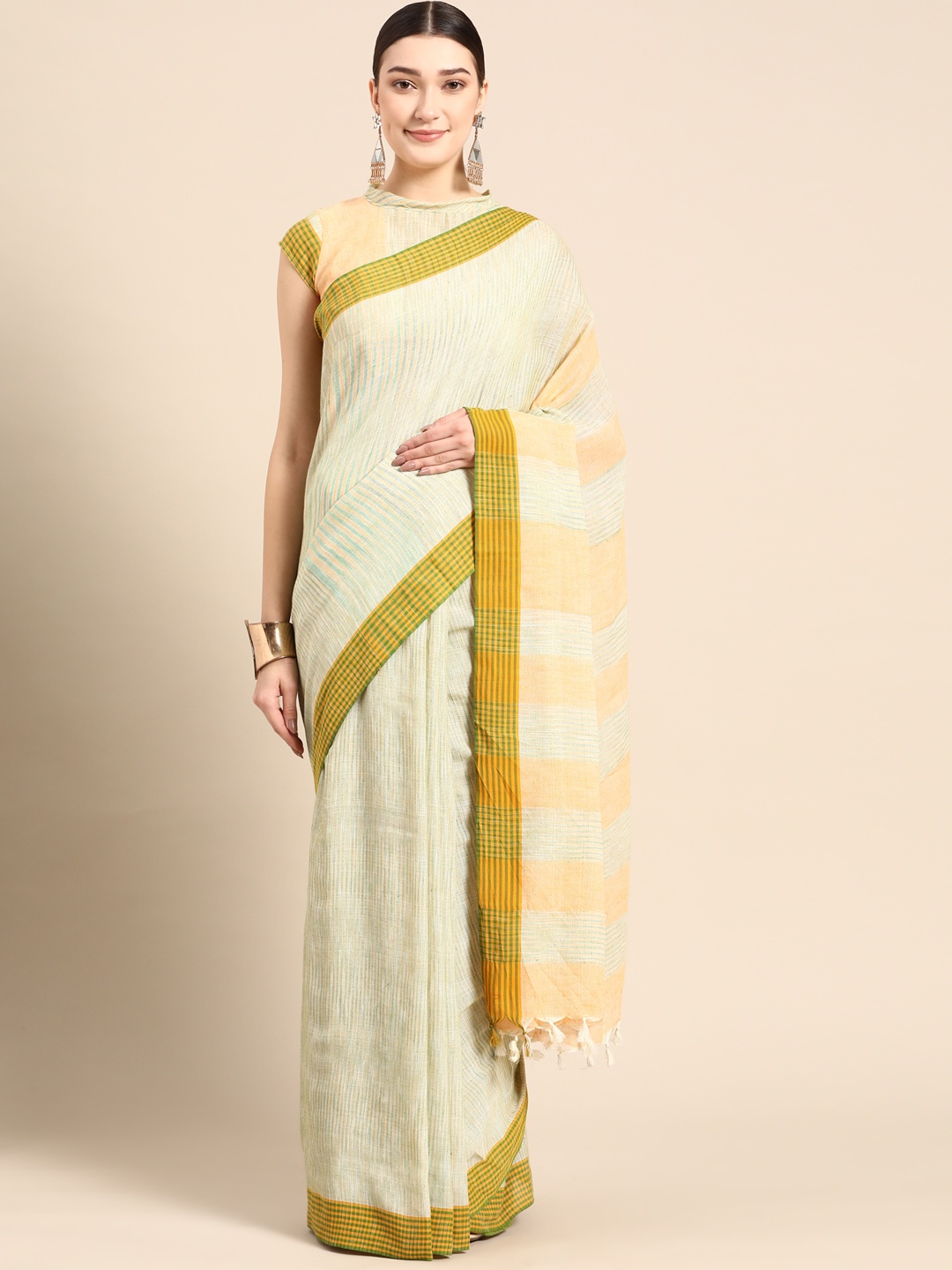 

AHIKA Sea Green & Yellow Striped Saree