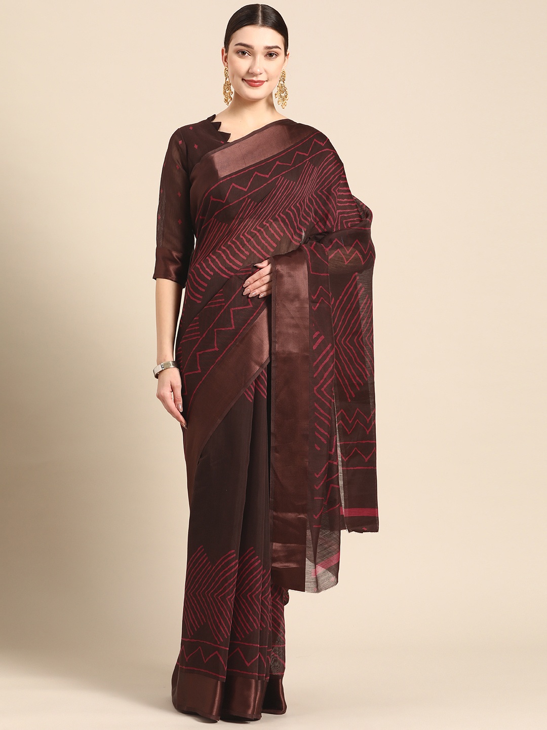 

AHIKA Brown Printed Art Silk Saree