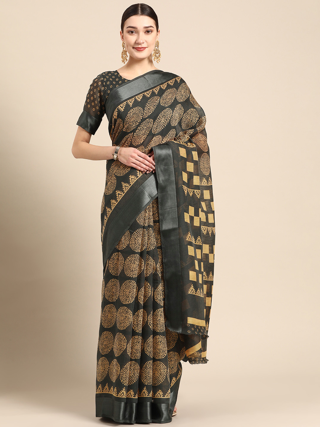 

AHIKA Black & Beige Printed Art Silk Saree