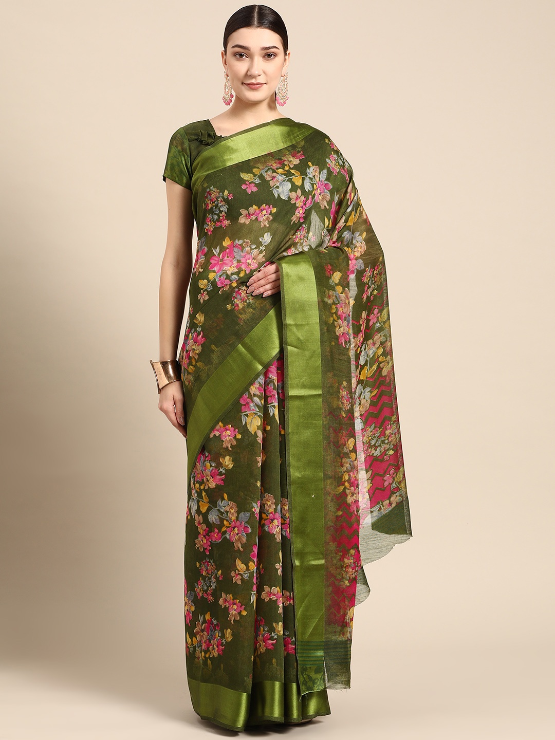 

AHIKA Green & Pink Floral Art Silk Saree