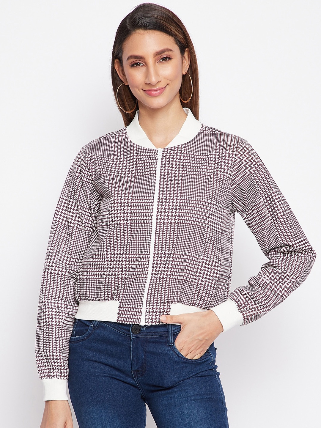 

sandy AND ritz Women Checked Cotton Lightweight Crop Outdoor Bomber Jacket, Brown