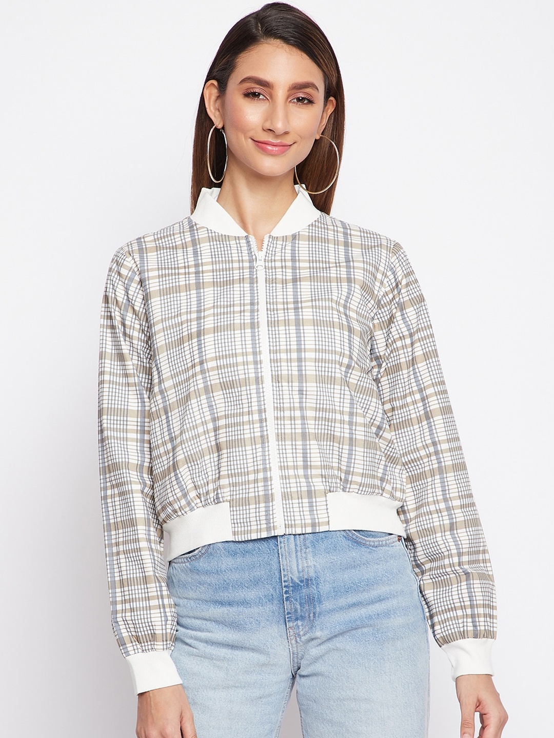 

sandy AND ritz Women Checked Lightweight Cotton Crop Outdoor Bomber Jacket, Grey