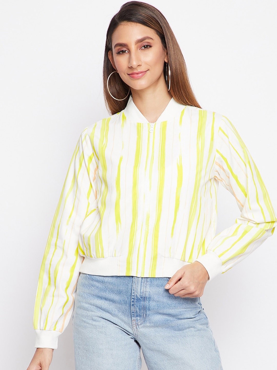 

sandy AND ritz Women Striped Lightweight Crop Cotton Outdoor Bomber Jacket, Yellow