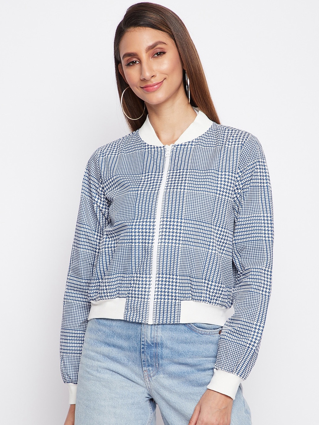 

sandy AND ritz Women Checked Lightweight Crop Outdoor Cotton Bomber Jacket, Blue