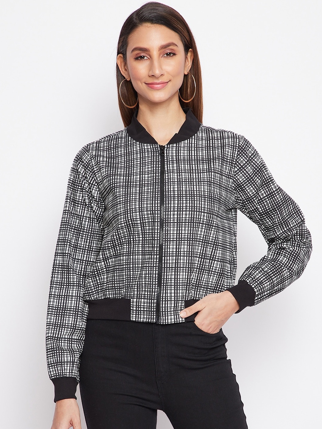 

sandy AND ritz Women Checked Lightweight Outdoor Bomber Jacket, Black