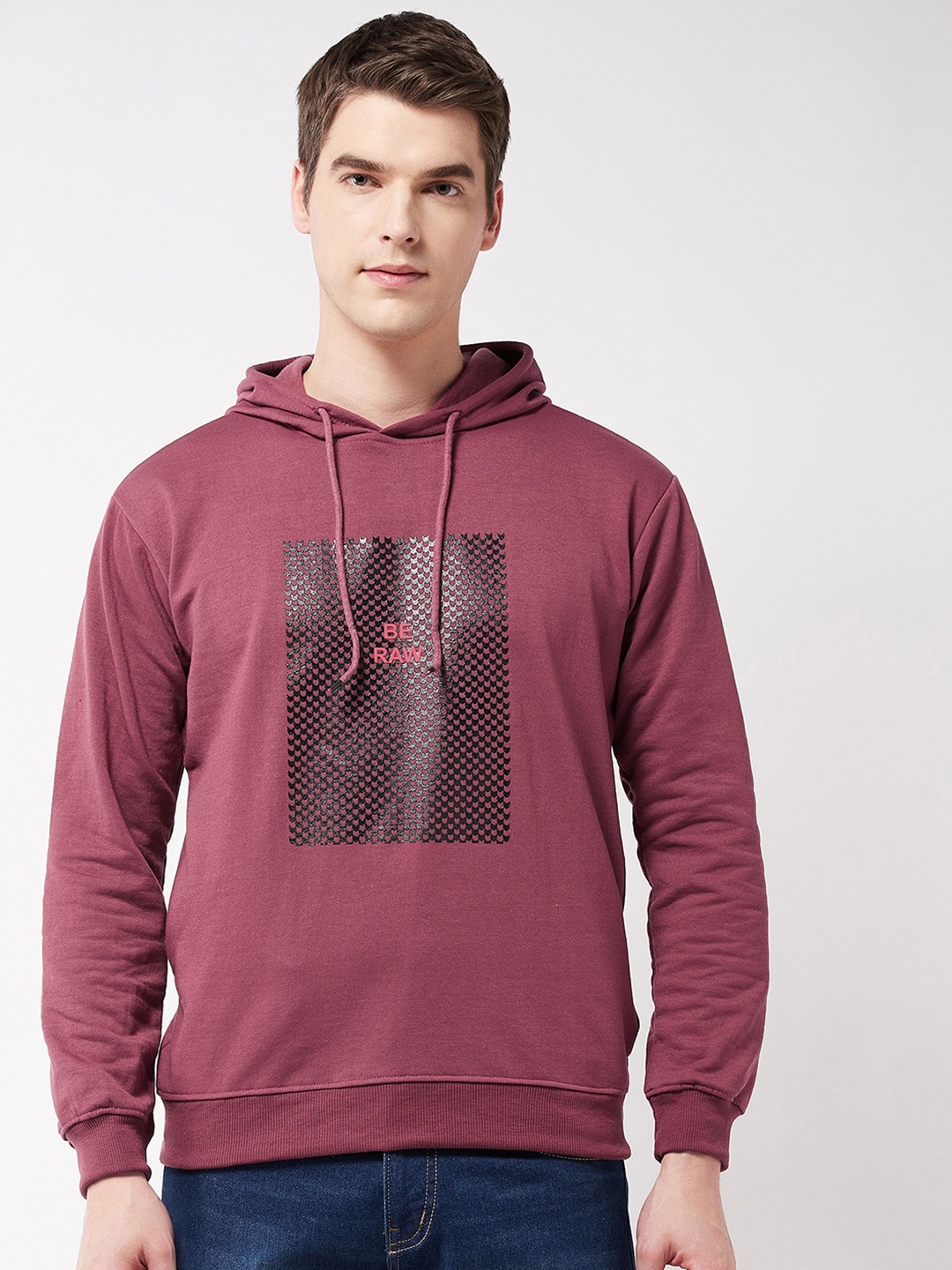 

GRITSTONES Men Printed Fleece Hooded Sweatshirt, Maroon
