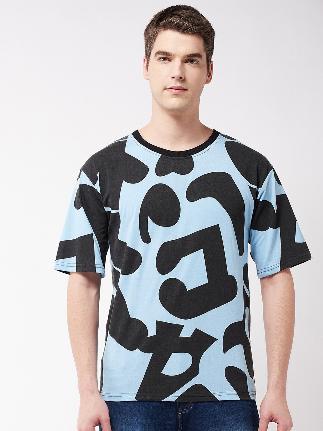 GRITSTONES Men Printed Oversized Round Neck Cotton T-shirt, Blue