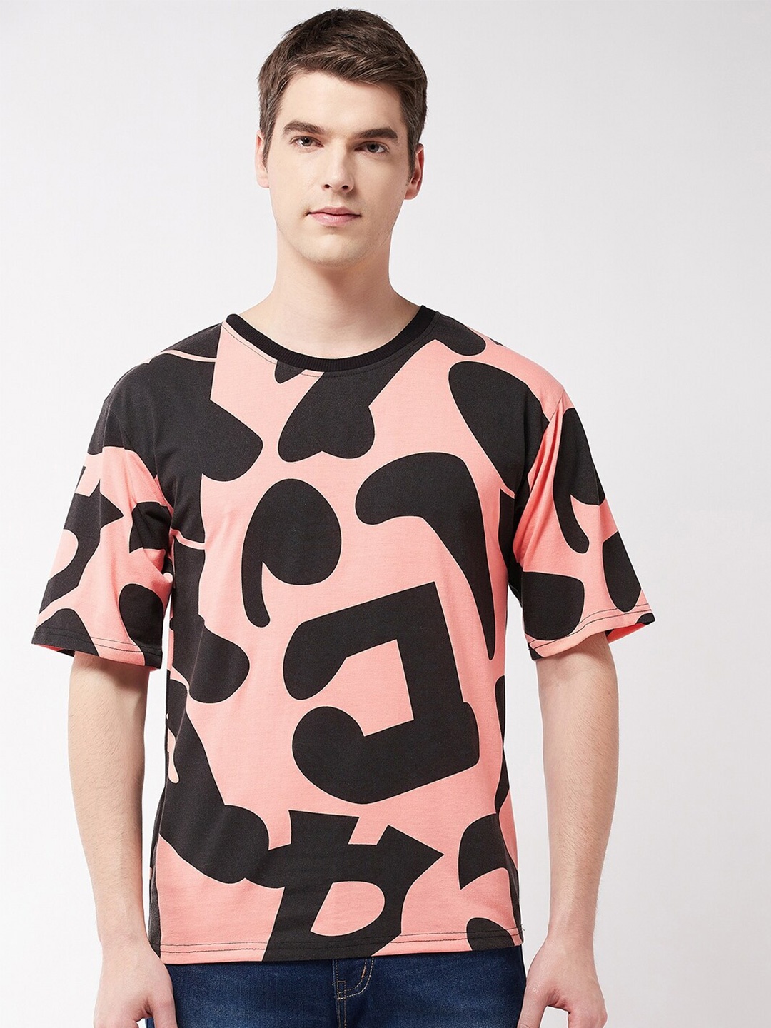 

GRITSTONES Men Printed Round Neck Cotton T-shirt, Coral