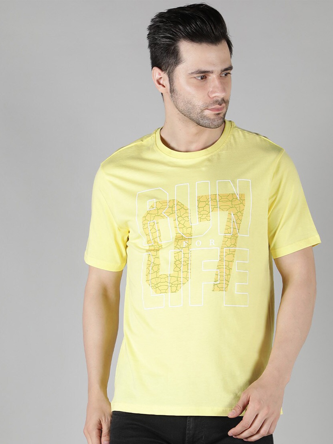 

Nimble Men Yellow Typography Printed Applique T-shirt