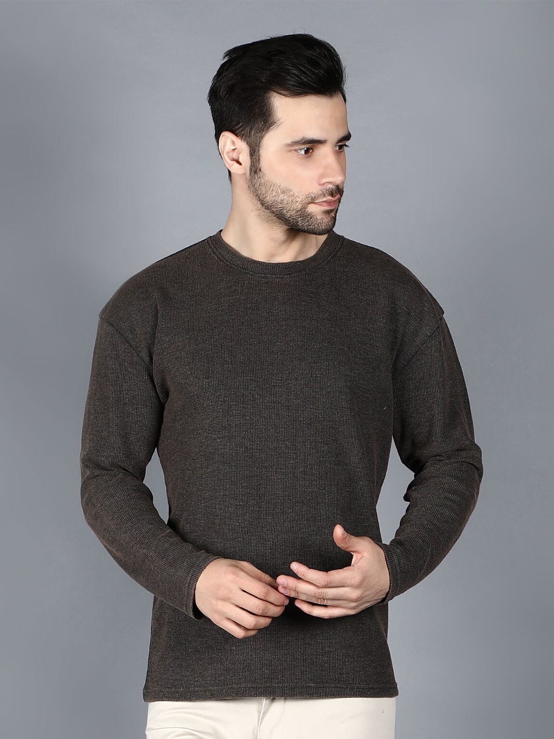 

Nimble Men Charcoal Henley Neck Raw Edge T-shirt