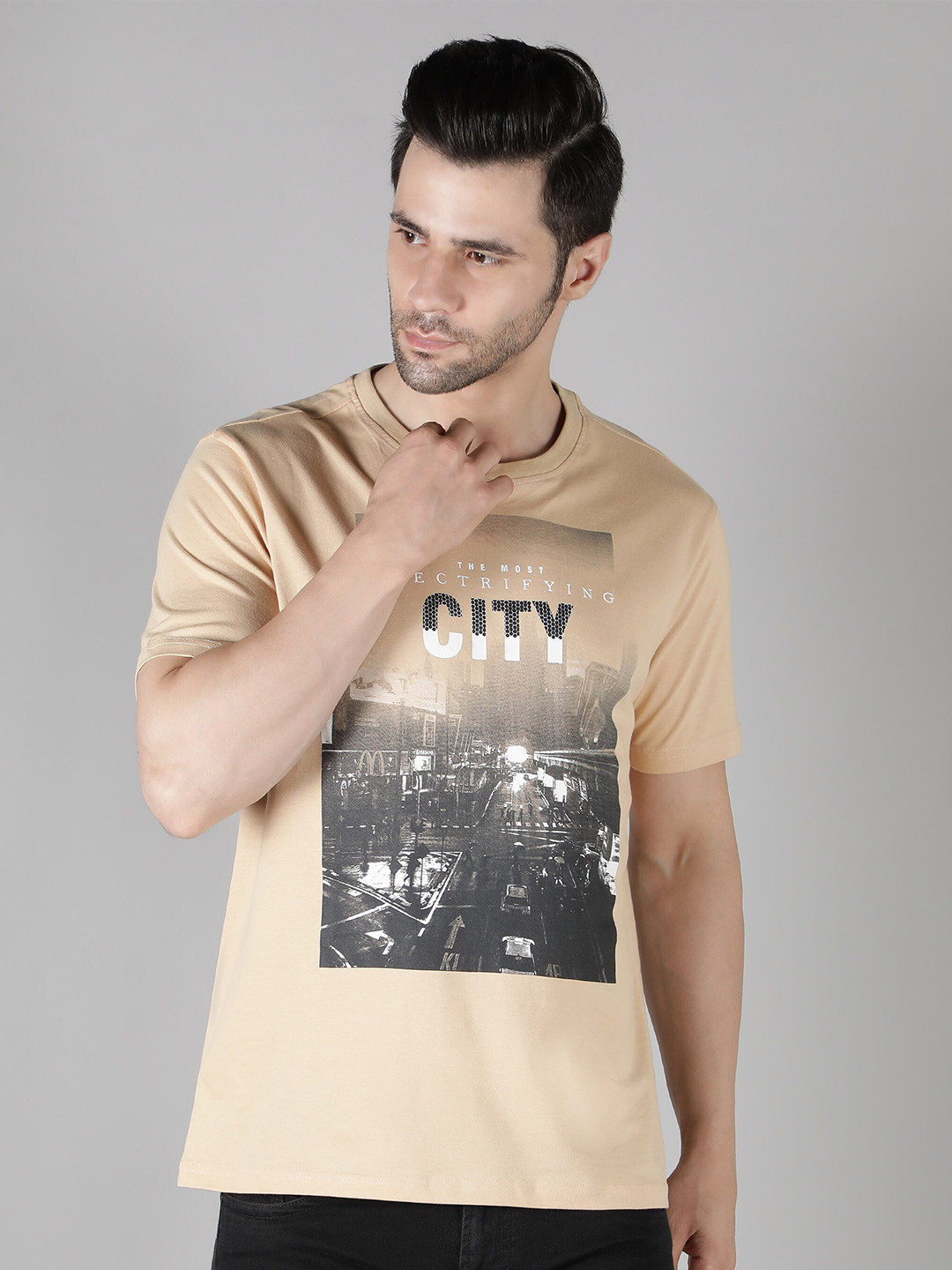 

Nimble Men Graphic Printed Cotton T-shirt, Beige