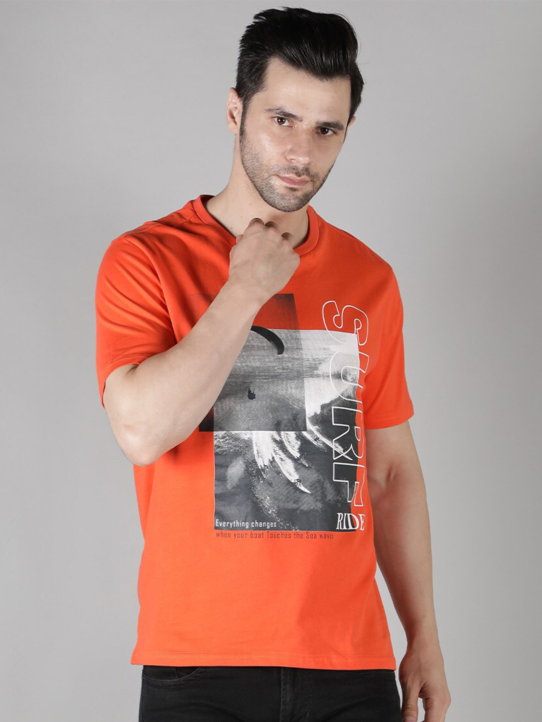 

Nimble Men Printed Round Neck Cotton T-shirt, Orange