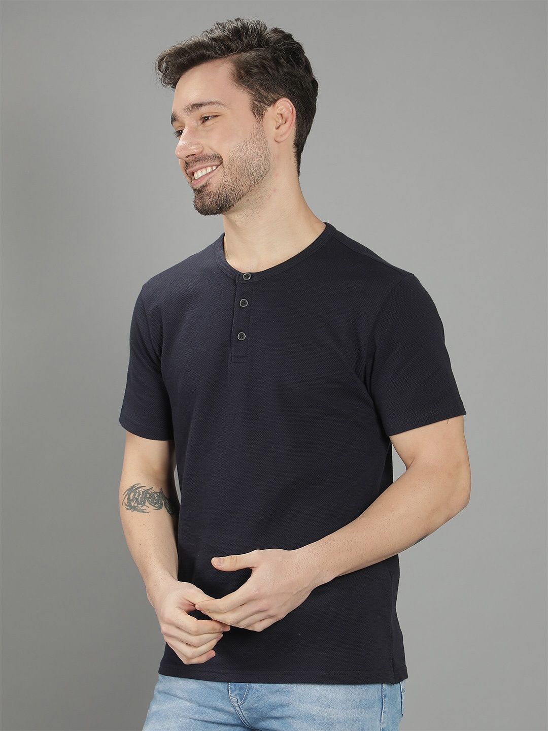 

Nimble Men Solid Henley Neck Cotton T-shirt, Black
