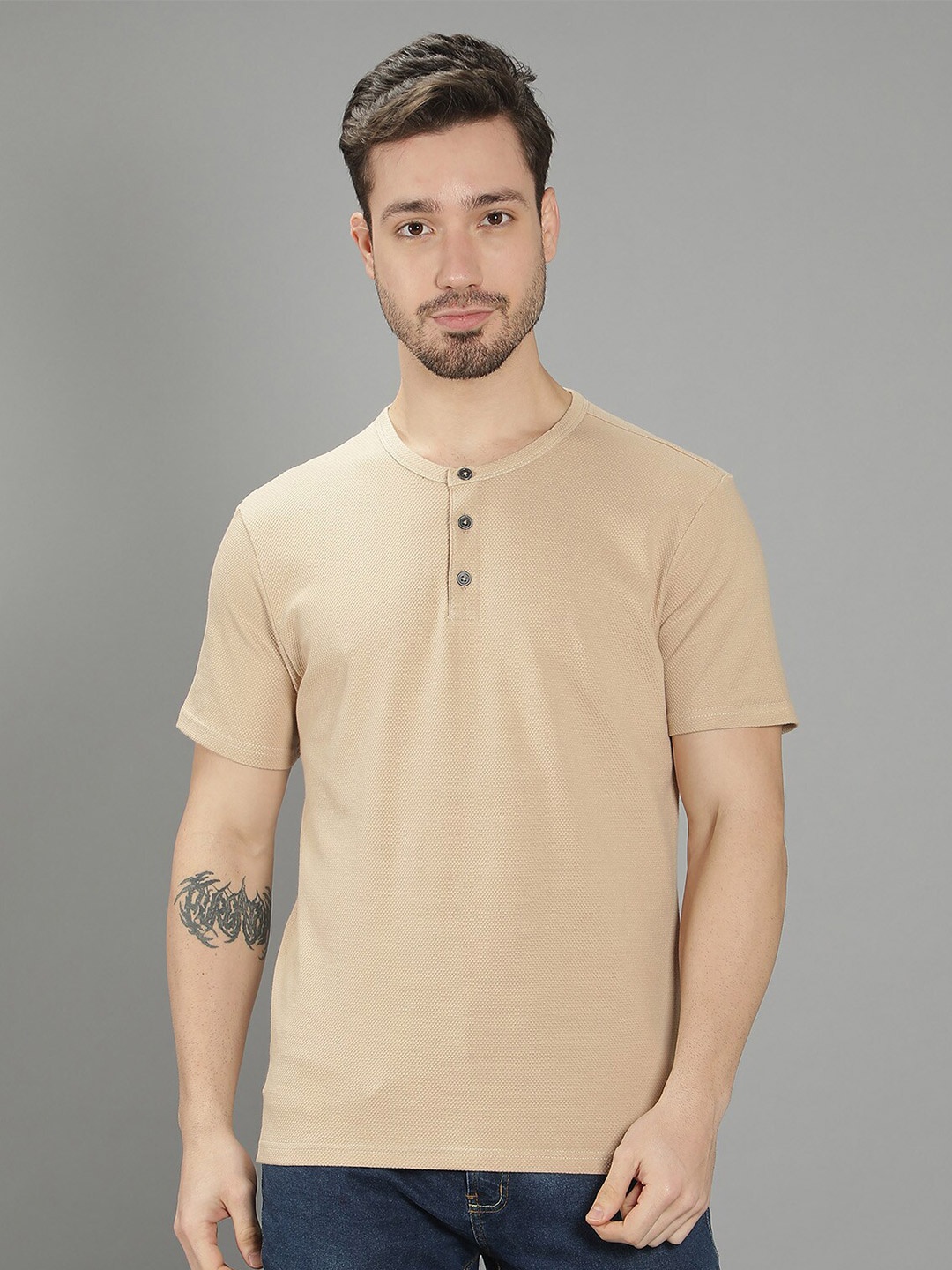 

Nimble Men Henley Neck Cotton T-shirt, Beige