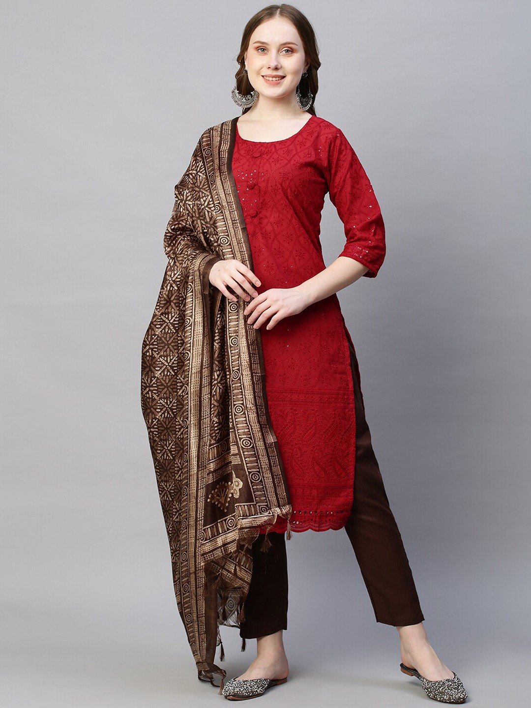 

POONAM DESIGNER Women Embroidered Pure Cotton Kurta with Trousers & With Dupatta, Maroon