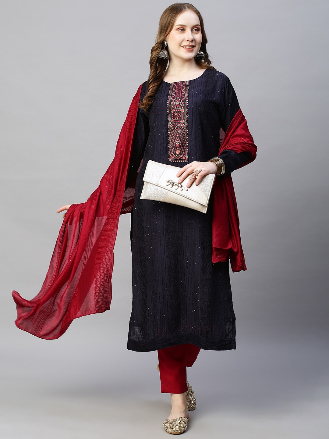 

POONAM DESIGNER Women Embroidered Kurta with Trousers & With Dupatta, Navy blue