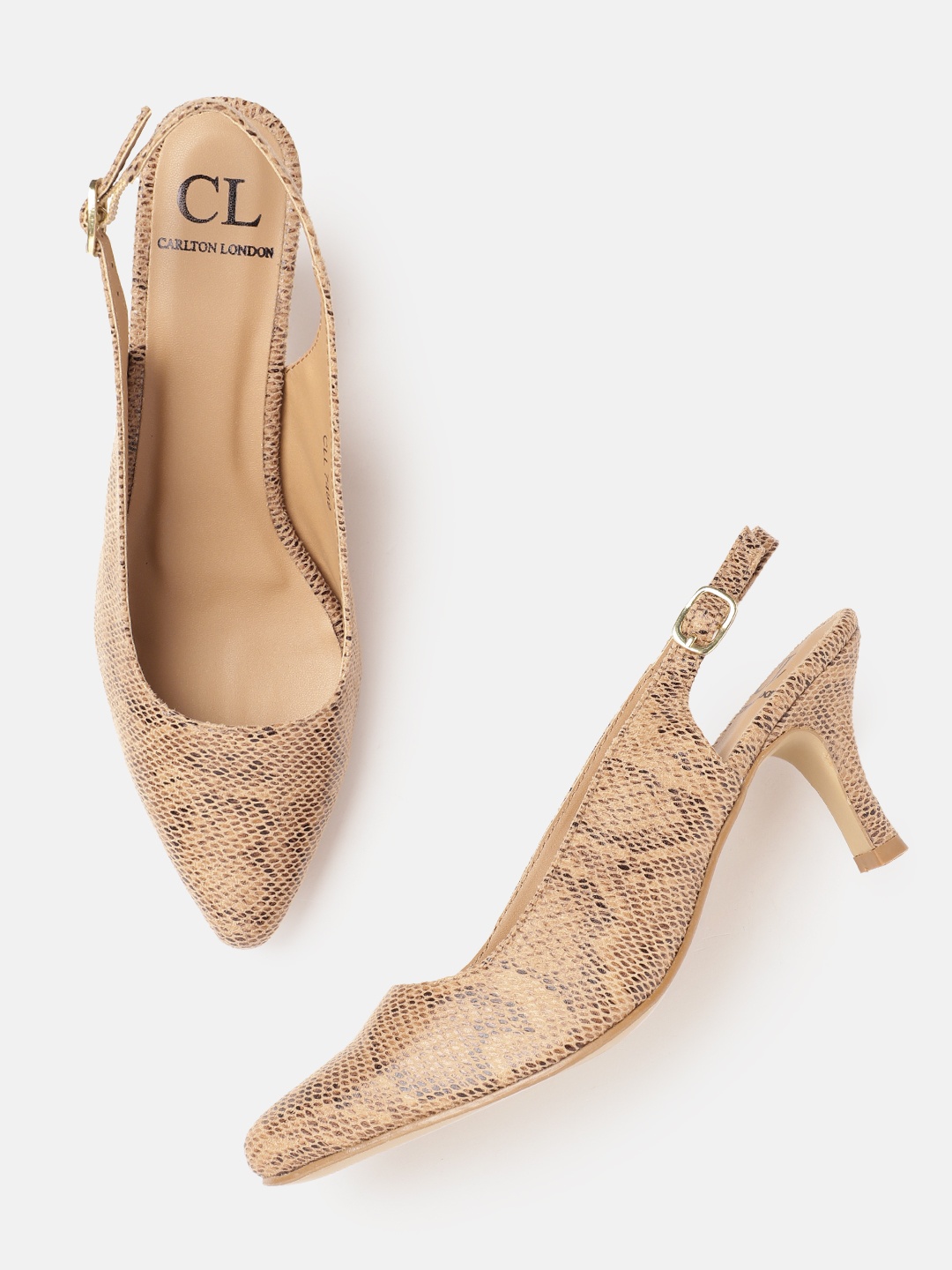 

Carlton London Women Snake Skin Textured Slim Heel Mules, Beige