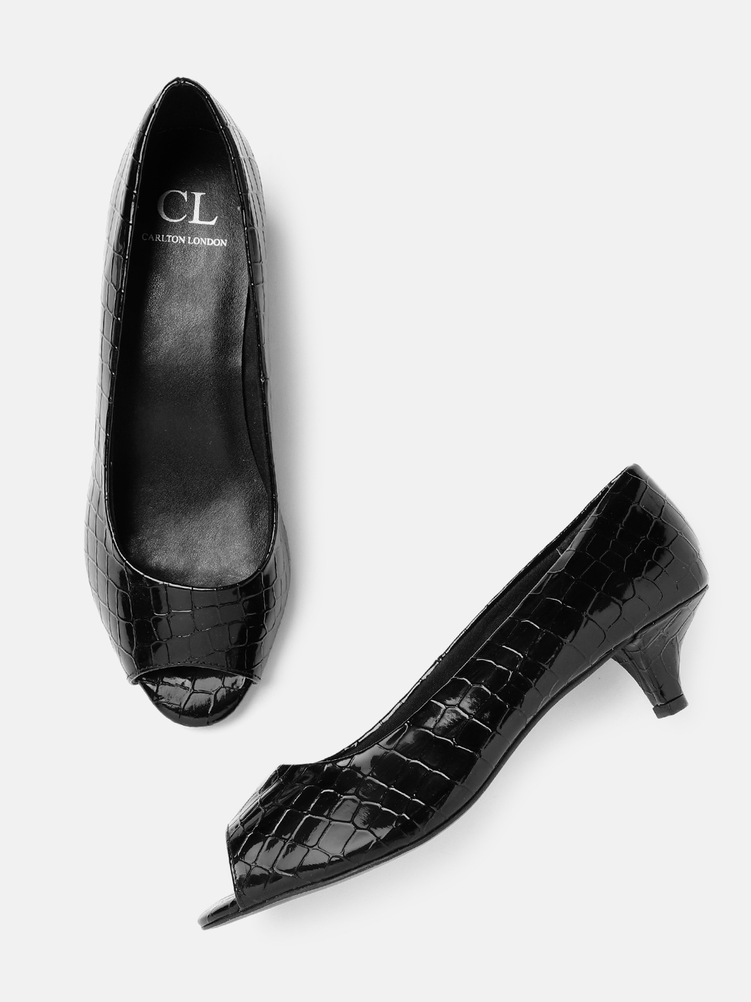 

Carlton London Women Croc Textured Kitten Heel Peep Toes, Black