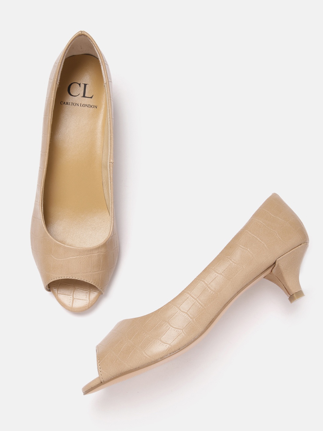 

Carlton London Women Croc Textured Kitten Heel Peep Toes, Beige
