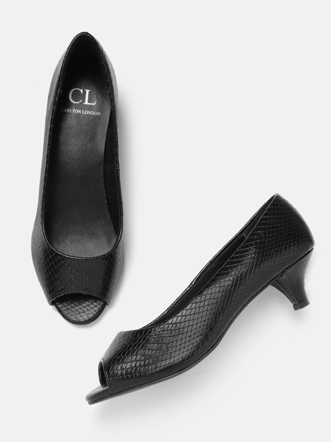

Carlton London Women Snake Skin Textured Kitten Heel Peep Toes, Black