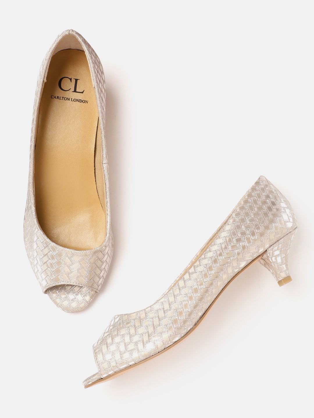 

Carlton London Shimmery Textured Peep Toe Kitten Pumps, Gold