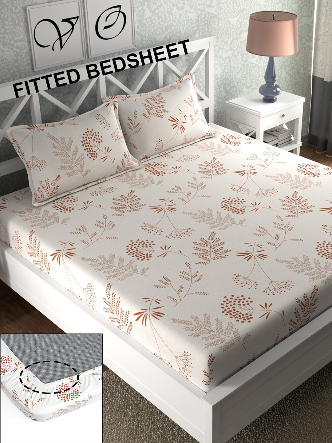 

CHHAVI INDIA Beige & White Floral 210 TC Fitted Queen Bedsheet with 2 Pillow Covers