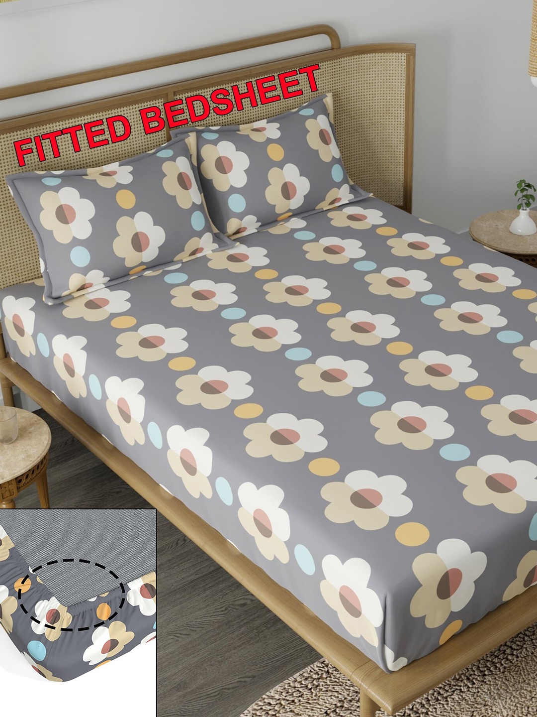 

CHHAVI INDIA Grey & Purple Floral 210 TC Queen Bedsheet with 2 Pillow Covers