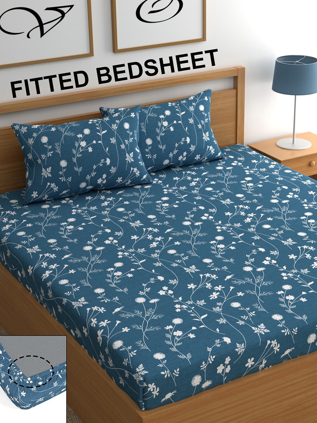 

CHHAVI INDIA Blue & White Floral 210 TC Queen Bedsheet with 2 Pillow Covers
