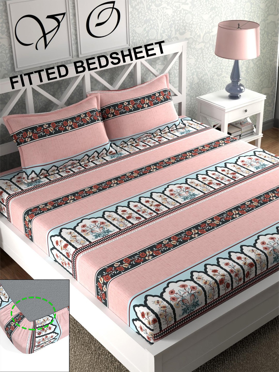 

CHHAVI INDIA Peach & Blue Floral 210 TC Fitted Queen Bedsheet with 2 Pillow Covers