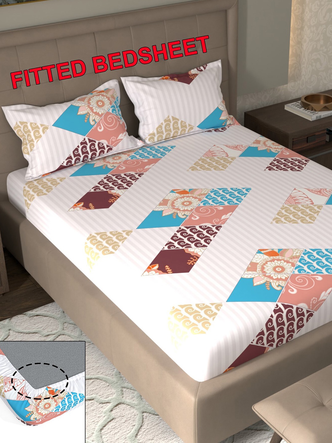 

CHHAVI INDIA White & Beige Geometric 210 TC Queen Bedsheet with 2 Pillow Covers