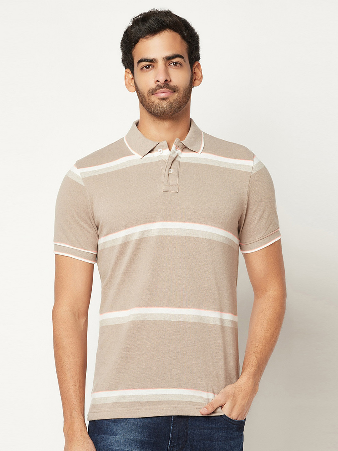 

Blue Buddha Men Striped Polo Collar T-shirt, Brown
