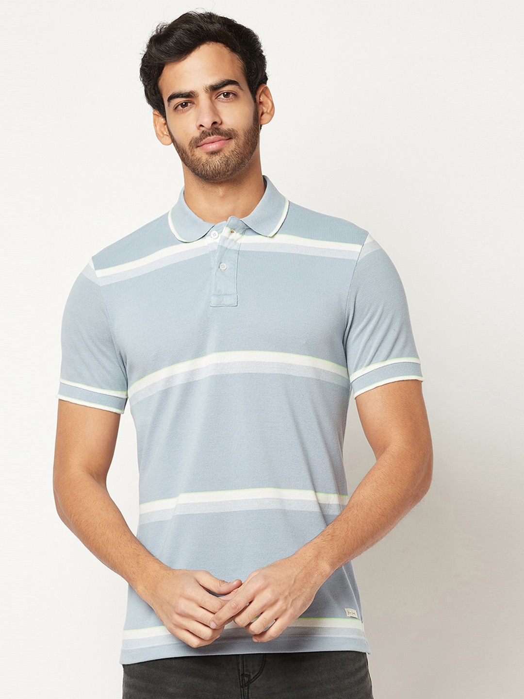 

Blue Buddha Men Striped Polo Collar T-shirt