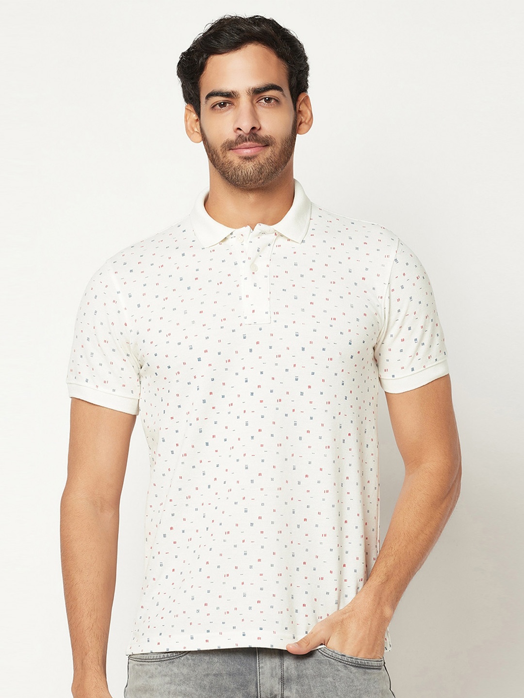 

Blue Buddha Men Printed Polo Collar T-shirt, Off white