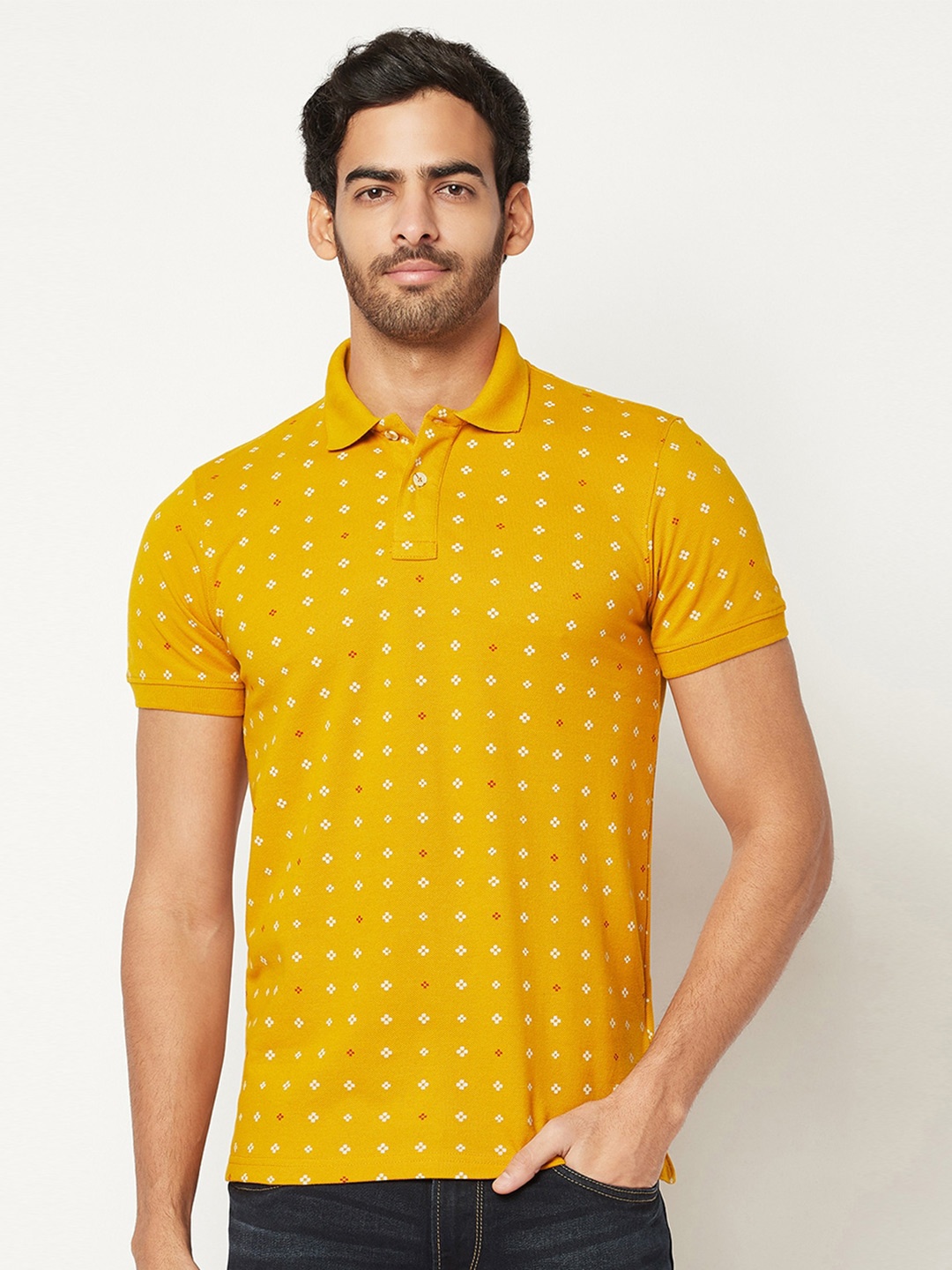 

Blue Buddha Men Floral Printed Polo Collar T-shirt, Mustard