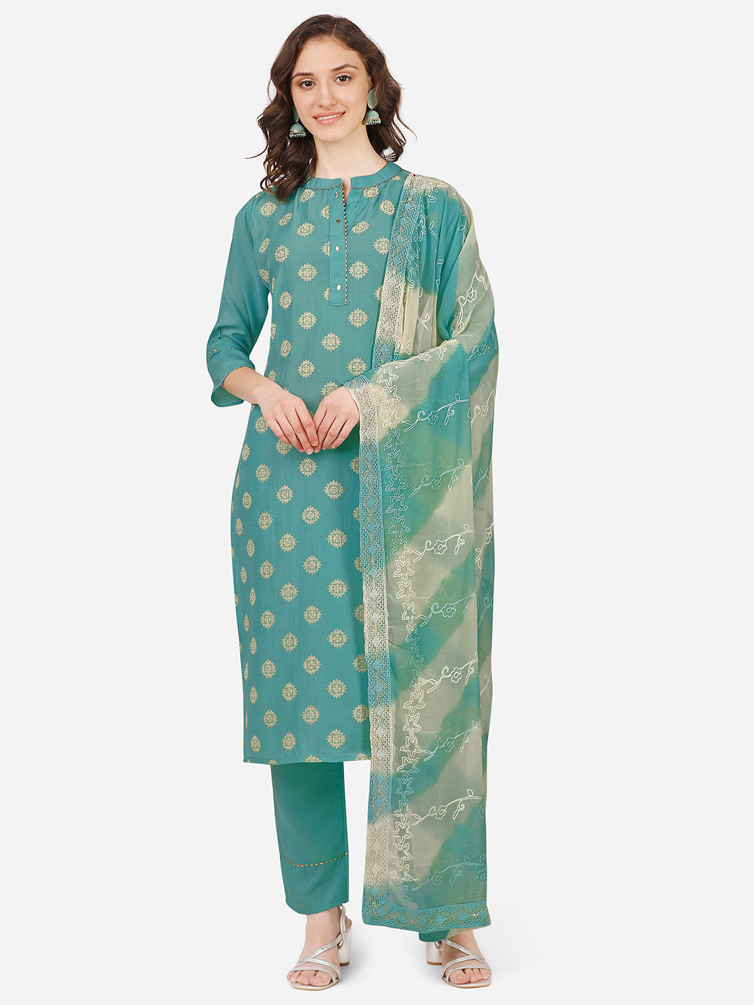 

FEMMIBELLA Women Ethnic Motifs Printed Silk Chiffon Kurta with Trousers & Dupatta, Sea green