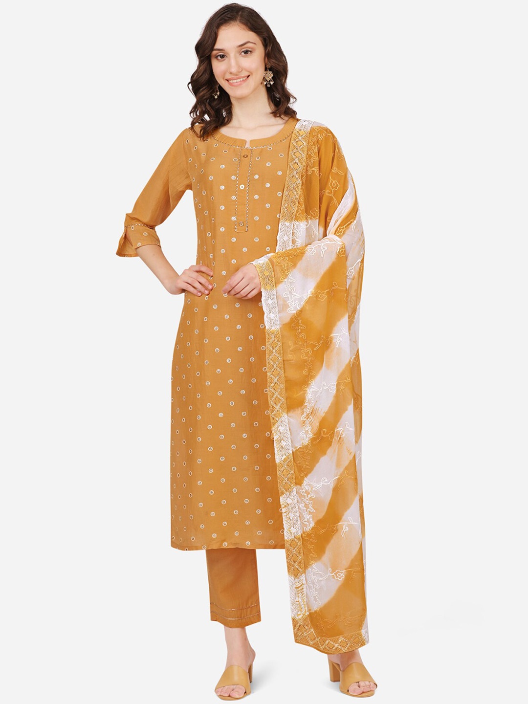 

FEMMIBELLA Women Embroidered Gotta Patti Silk Chiffon Kurta with Trousers & With Dupatta, Mustard