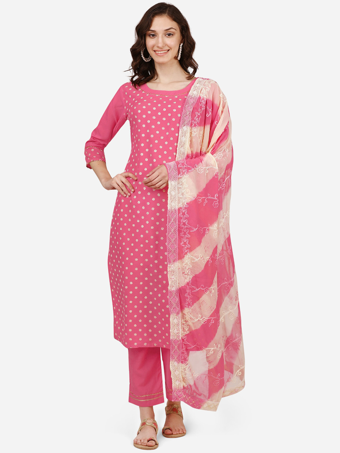 

FEMMIBELLA Women Embroidered Gotta Patti Silk Chiffon Kurta with Trousers & With Dupatta, Pink