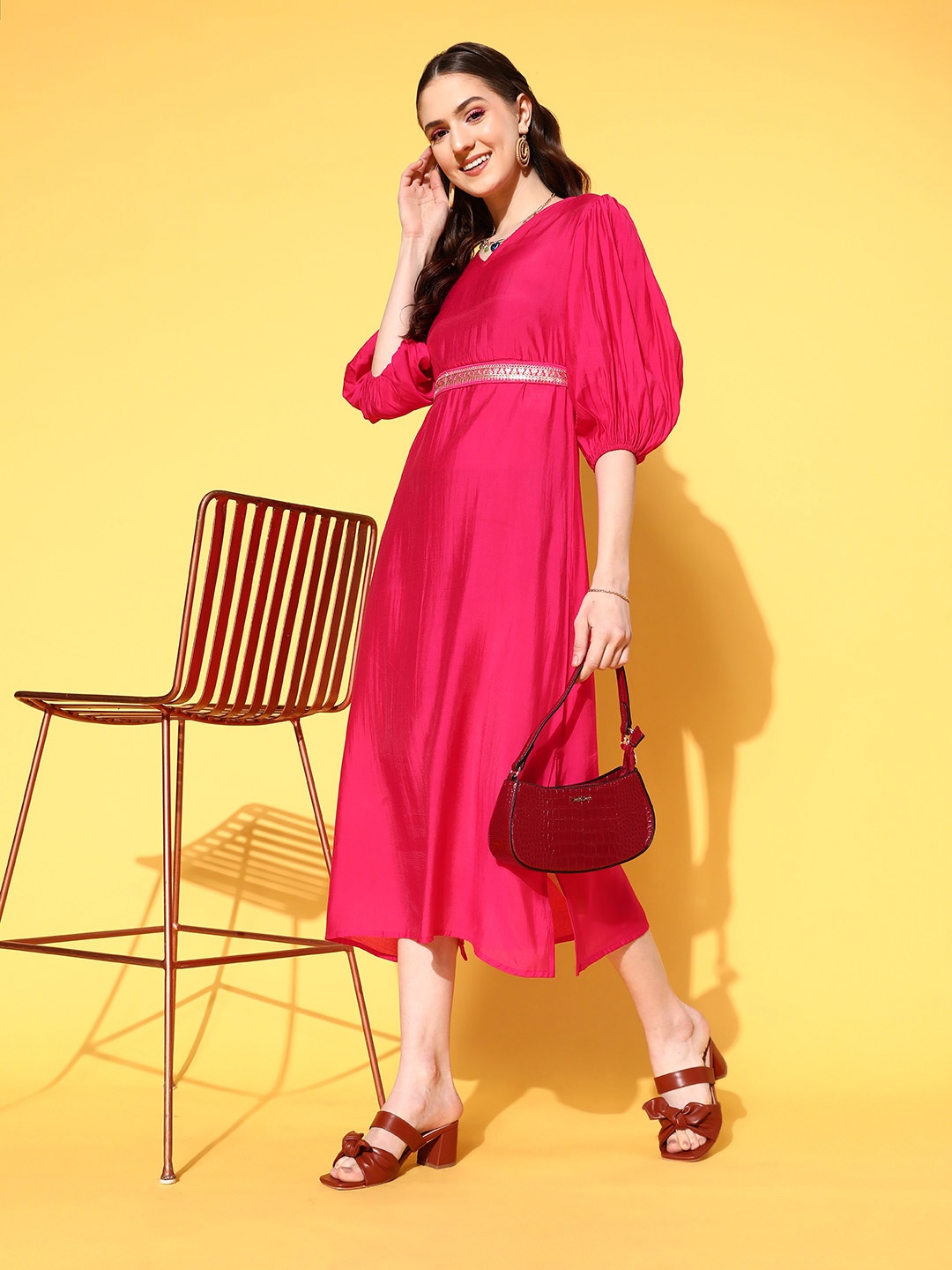 

Yufta Pink Puff Sleeves A-Line Midi Dress with Belt