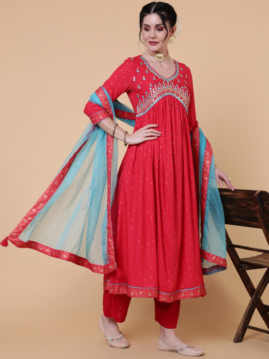 

GULMOHAR JAIPUR Women Floral Yoke Design Mirror Work Kurta With Palazzos & Dupatta, Red