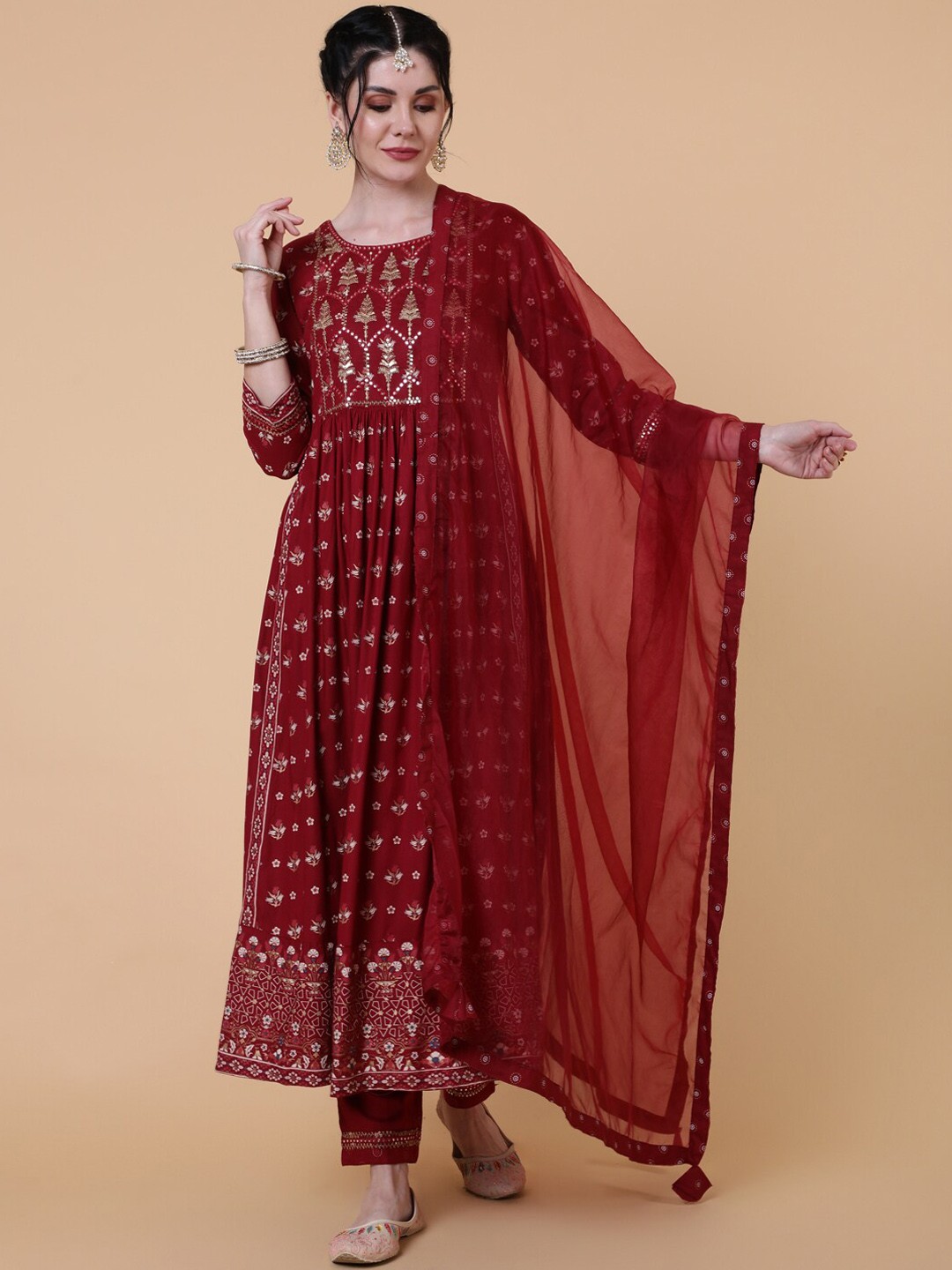 

GULMOHAR JAIPUR Women Embroidered Mirror Work Kurta with Trousers & With Dupatta, Maroon