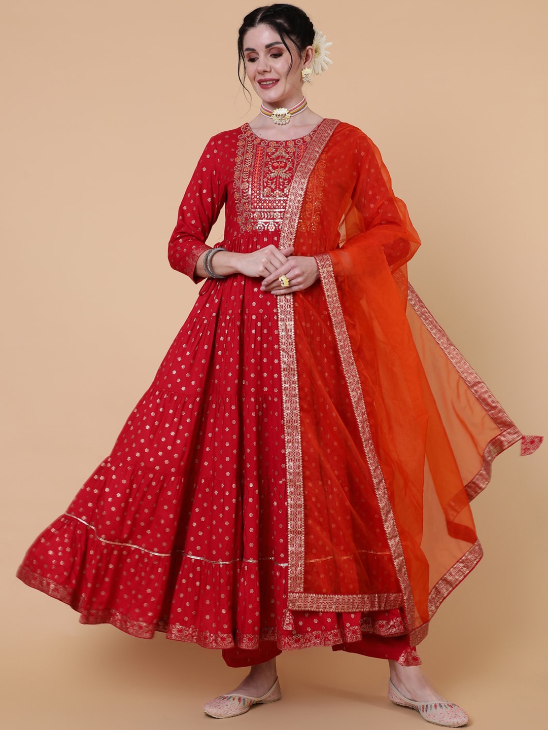 

GULMOHAR JAIPUR Women Coral Paisley Checked Flared Sleeves Gotta Patti Anarkali Kurta