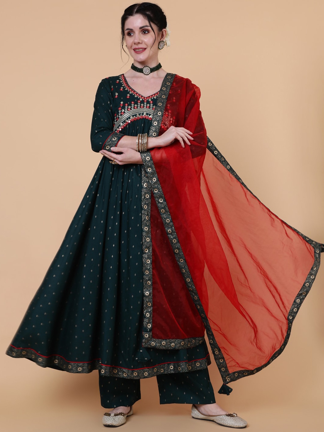 

GULMOHAR JAIPUR Women Ethnic Motifs Printed Mirror Work Kurta with Palazzos & With Dupatta, Green