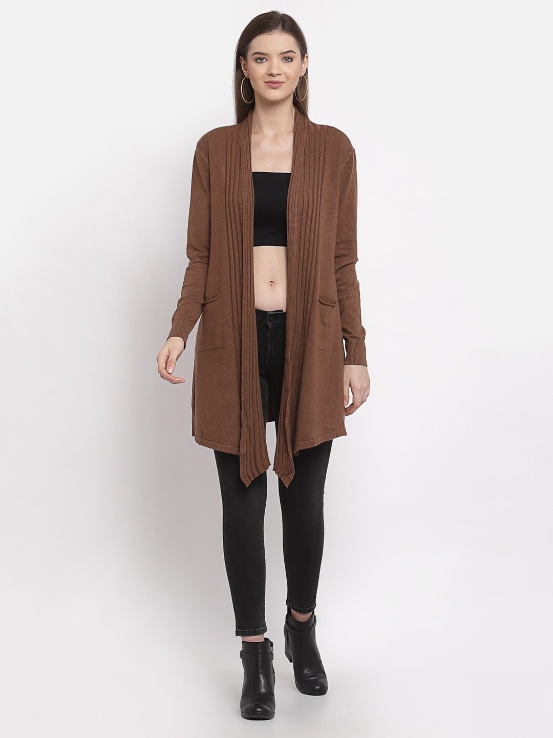 

Mafadeny Women Open Front Longline Shrug, Brown
