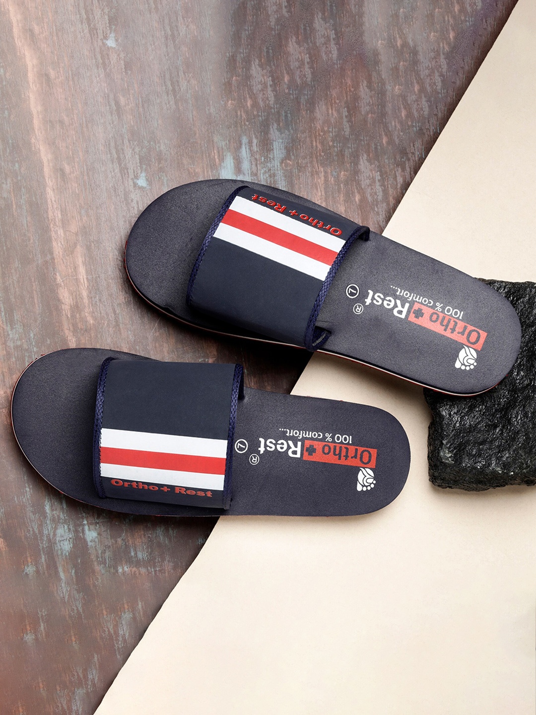 

Ortho Rest Men Striped Sliders, Navy blue