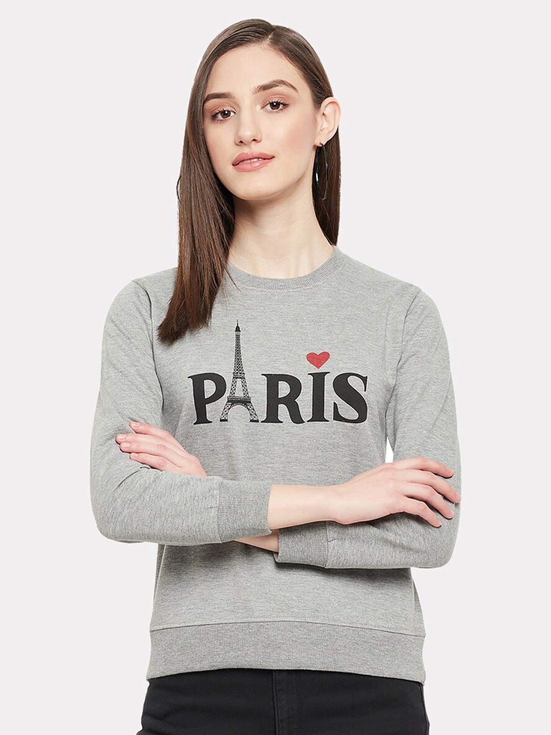 

STROP Women Printed Cotton Round Neck Sweatshirt, Grey melange